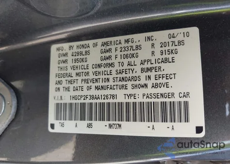 2010 Honda Accord 2.4 Lx from USA, damaged, VIN 1HGCP2F39AA126781